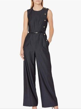 Calvin Klein Navy Sleeveless Wide-Leg Belted Jumpsuit with Buttons | Size 4